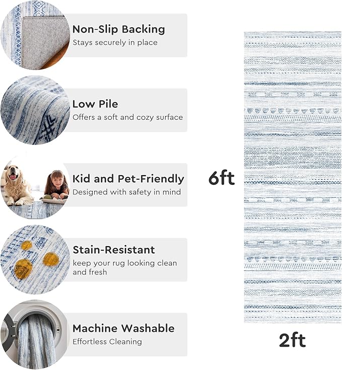 2x6 Runner Rug Machine Washable Non Slip Area Rug Distressed Neutral Moroccan Boho Rug Ultra Soft Floor Runners for Hallways for Entryway Laundry Room Kitchen, Blue