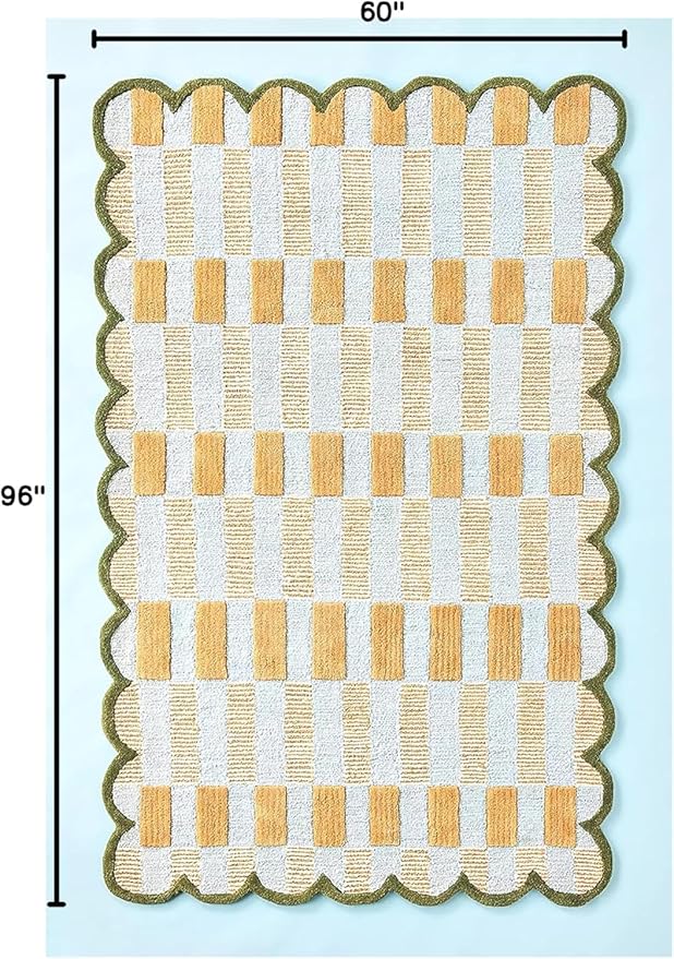 Hand-Tufted Wool Rug with Scalloped Edges, Light Blue Plaid Pattern, Cozy Soft Area Rug for Living Room, Bedroom, and Nursery, Handmade Modern Accent Rug (Blue, 8X10 FEET)