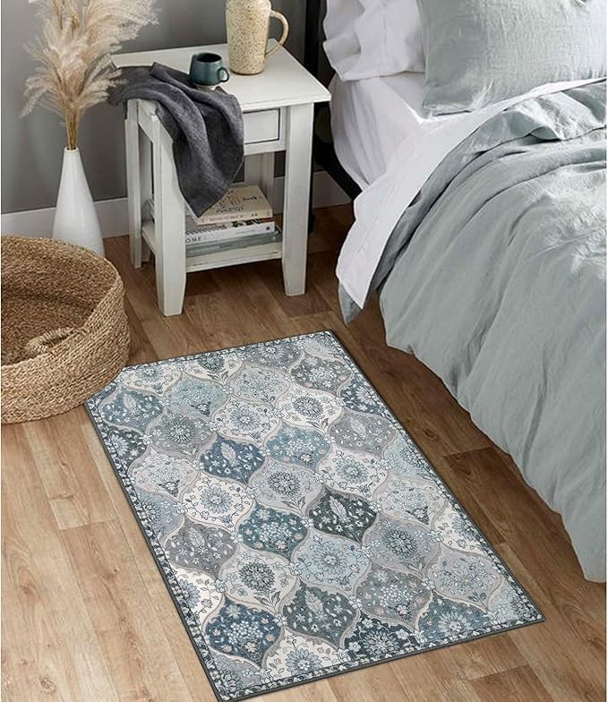 Lahome Moroccan Trellis Front Door Mat Indoor Entrance, 2x3 Rugs for Entryway Non-Slip Washable Indoor Door Mat, Oriental Accent Small Rug for Kitchen Bedroom Bathroom, Blue