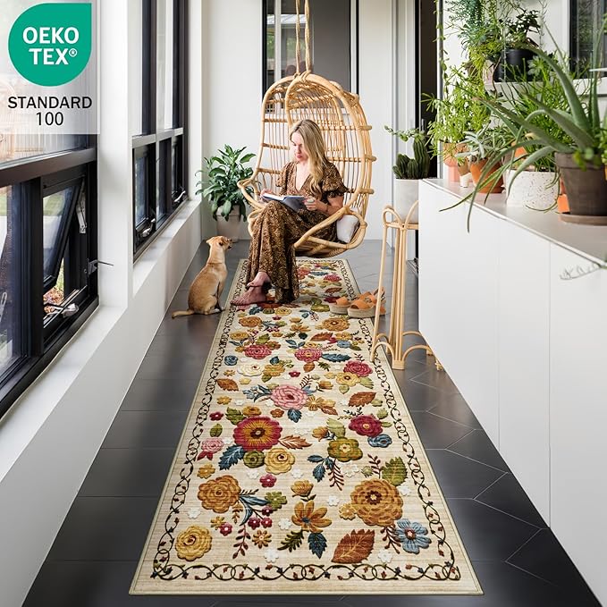 2x6 Machine Washable Runner Rug, Kitchen Hallway Area Rug Beige Vintage Boho Floral Ultra Non-Slip Low Pile Soft Faux Wool Carpet, Kids and Pets Friendly for Bedroom Entryway Nursery Home Decor Rug