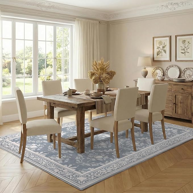 SOULFUL Medium Pile 8x10 Rugs for Living Room - Soft Underfoot Large Area Rug - Greige Boho Floral - Washable Non-Slip - Perfect for Bedroom Kids Room Under Dining Table Office