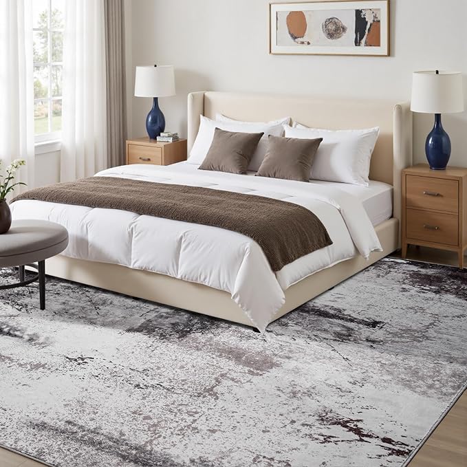 Toneed Abstract Area Rug Modern Washable Rug Soft Non Slip Rug Low Pile for Bedroom Living Room Dining Room Coffee Brown 9x11 Feet