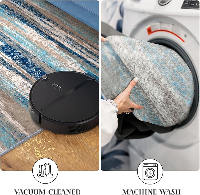 Modern Abstract Bedroom Runner Rug 2x7, Blue Washable Kitchen Runner, Non-Slip Soft Thin Faux Wool Mat for Entryway, Hallway, Laundry Room, Indoor Home Decor