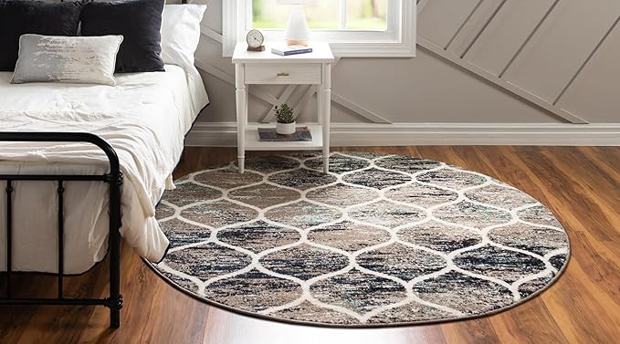 Rugs.com Lattice Frieze Collection Rug – 7' Round Blue Multi Medium Rug Perfect for Kitchens, Dining Rooms