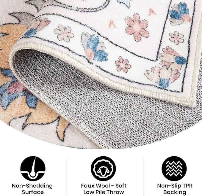 Area Rug for Living Room, 9x12 Washable Non Slip Large Faux Wool Throw Rug, 0.3″ Low Pile & Non-Shedding Boho Large Carpet Rugs for for Dining Room, Bedroom, Office (Beige)
