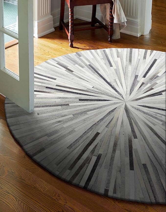 Faux Cowhide Round Area Rug | Non-Slip Leather Floor Carpet for Living Room, Bedroom, and Home Décor | Modern Stylish Accent Rug(Grey_8x8)