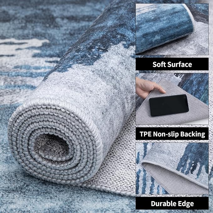 Ciicool Modern Abstract Deep Blue Gray Rug for Living Room, 9'x12' Machine Washable Area Rug Non-Slip Rug, Low-Pile Contemporary Indoor Dining Floor Carpet for Bedroom Office Under Table Home Decor