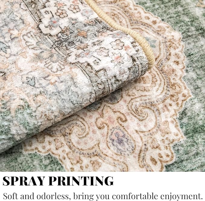 MUJOO Boho Rug 4'x6.5' Area Rugs for Bedroom Living Room Dining Room Green Small Rugs Machine Washable Non Slip Carpet for Office Dorm Bedside Kitchen Laundry Room Accent Soft Floral