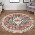KOZYFLY Boho Round Rug 5 Ft Rugs for Entryway Washable Circle Rug Non Slip Doormat Rust/Orange/Blue Printed Faux Wool Vintage Round Entryway Rug Floor Carpet Round for Entrance, Bedroom