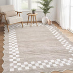 GarveeHome Scalloped Washable Rug 9x12 Area Rug for Living Room Modern Border Large Bedroom Throw Carpet with Rubber Backing Stain Resistant Boho Rug for Dining Room Home Decor Office, Fog