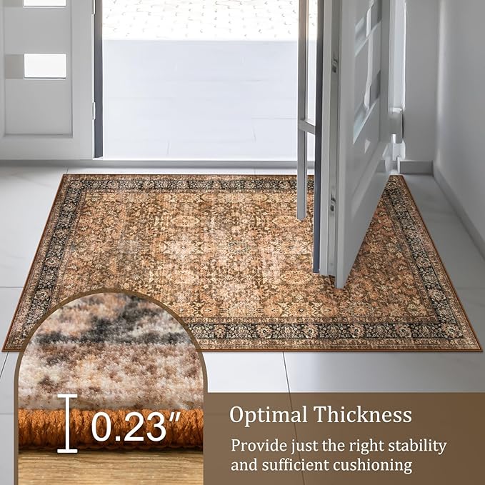 Morebes Washable 6x9 Area Rugs,Vintage Large Area Rug Non Slip,Ultra-Thin Boho Rug for Dining Room Table,Distressed Soft Throw Carpet for Bedroom Office Living Room, Dark Brown
