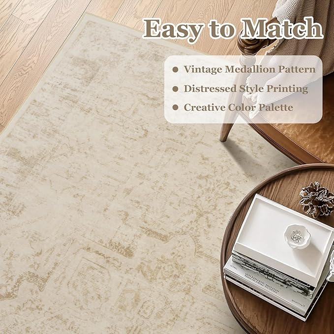Beige Farmhouse Distressed 8x10 Area Rugs for Living Room, Washable Non Slip Bedroom Rugs Under Bed Faux Wool Soft, Natural Medallion Pinted Thin Carpet for Dining Room Home Office