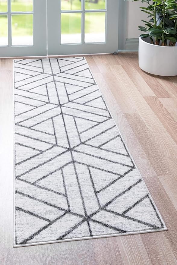 Rugs.com Lattice Trellis Collection Rug – 6 Ft Runner White Low-Pile Rug Perfect for Hallways, Entryways