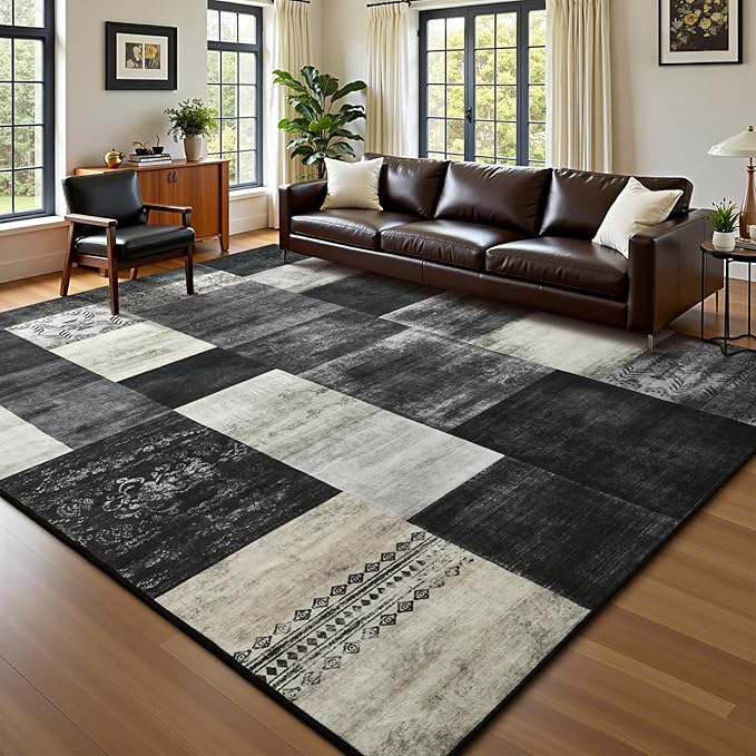 DweIke Large Modern Washable Area Rugs 8x10, Living Room Rug Non-Slip and Non-Shedding Large Rugs for Bedroom, Low Pile Indoor Rubber Backed Carpets for Dining Office Home Decor, Black and White