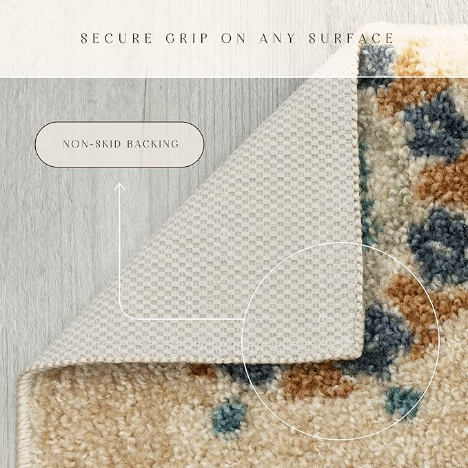 Maples Rugs Reggie Floral Runner Rug - Made in USA - Washable, Non Slip Indoor Carpet for Kitchen, Hallway, and Laundry Room, 2' x 6', Beige