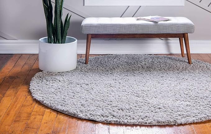Unique Loom Davos Shag Collection Area Rug - Solid (4' 1" Round, Sterling)