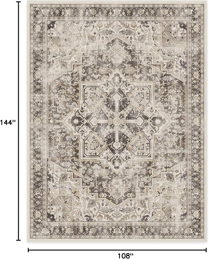 RUGGABLE Washable Vintage Area Rug – Kamran Hazel 9x12, Stain-Resistant, Non-Slip – Large Machine Washable Rugs for Living Room, Bedroom, Hallway, Entryway & Office–with Standard Pad
