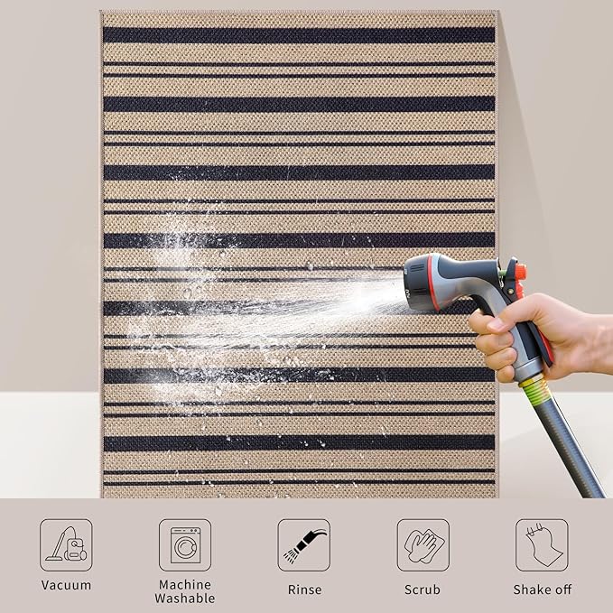 Tangsoo Stripe Easy Jute Rug 4x6 for Paito,Thin Non-Slip Indoor Outdoor Black Door Carpet,Washable Farmhouse Throw Mat for Front Porch Kitchen Bedroom Foyer