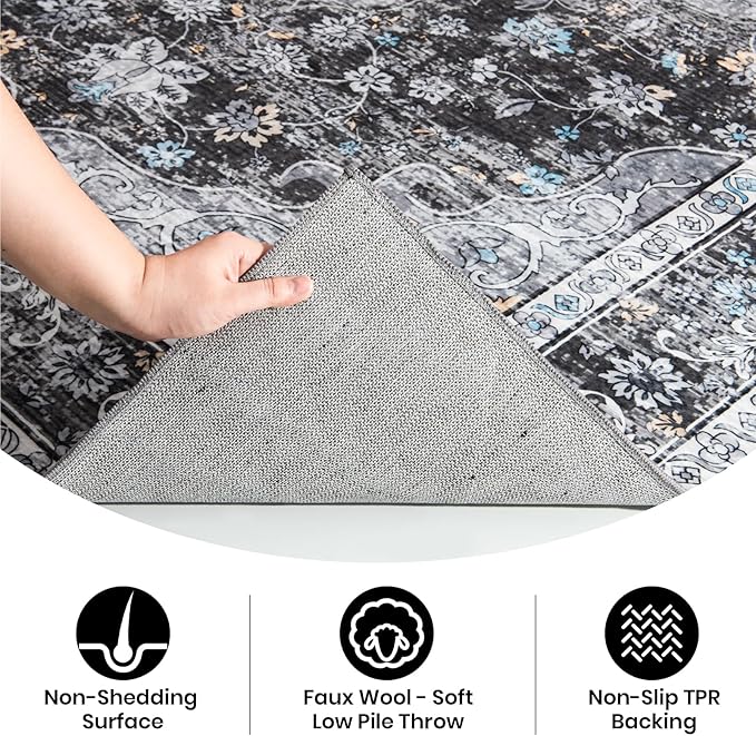 5x7 Washable Rug – Boho Non-Slip Indoor Area Rug for Living Room, Bedroom, Dining Room, Entryway – Charcoal Grey and Ivory with Blue Highlights