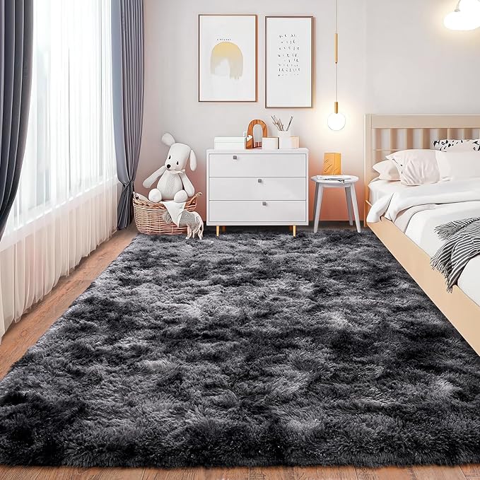 Tie-Dyed Black Grey Shaggy Rugs Fluffy Carpets, Indoor Modern Plush Area Rugs for Living Room, Upgrade Anti-Skid Area Rug, Rectangular 9x12 Feet Fuzzy Rug for Nursery Home Decor