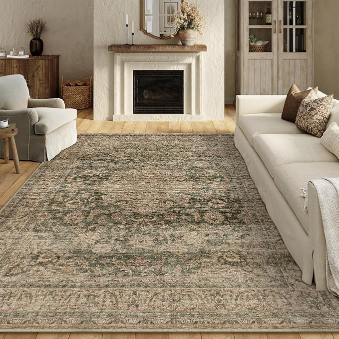 10x12 Vintage Area Rug Green Brown Living Room Bedroom Washable Carpet Non-Slip Soft Low Pile Distressed Indoor Large Throw Rug for Dining Room Office