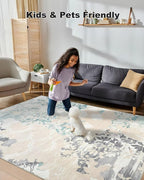 Washable Abstract Rug, 4x6 Ivory and Aqua Floral Area Rugs with Non-Slip Rubber Backed for Bedroom, Low Pile Modern Throw Carpet Kitchen Living Room Decor