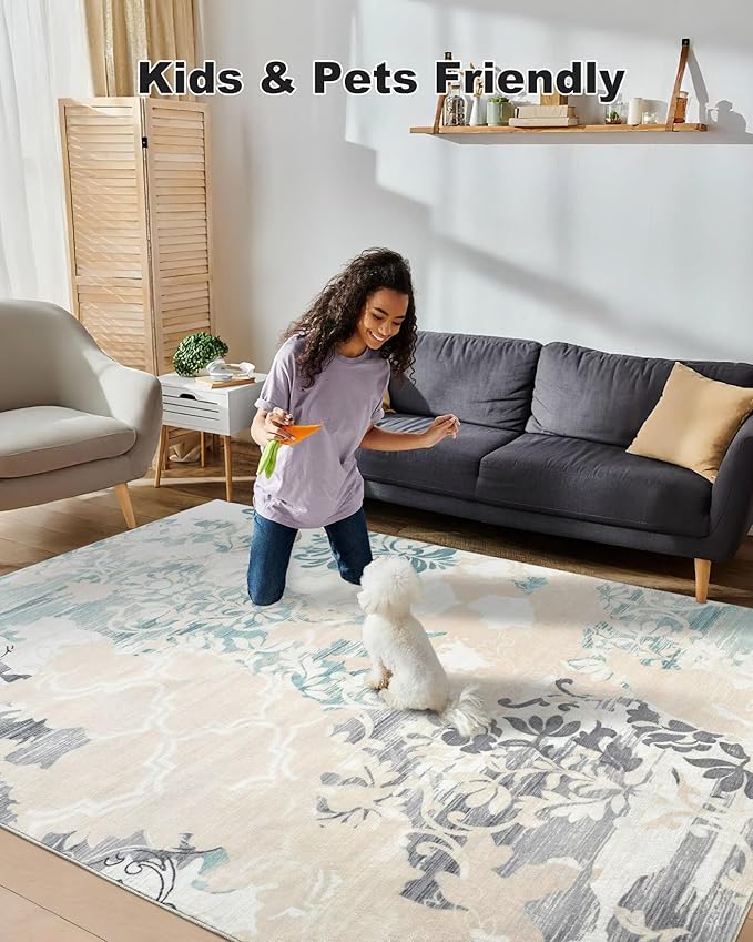 Washable Abstract Rug, 5x7 Ivory and Aqua Floral Area Rugs with Non-Slip Rubber Backed for Bedroom, Low Pile Modern Throw Carpet Kitchen Living Room Decor