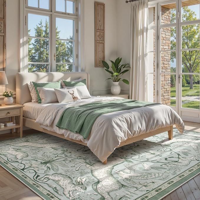 Lahome Boho Animal Washable Rugs for Living Room 8x10, Green Soft Rugs for Bedroom, Botanical Large Boho Non Slip Dining Room Carpet for Under Table Office Kids Playroom (8x10ft,Light Green)