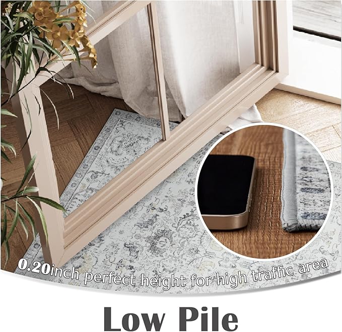 jinchan Kalen Area Rug 3x5 Washable Entryway Rug Soft Door Mat Vintage Indoor Entrance Thin Retro Distressed Carpet Grey Floral Country Boho Non Slip Doormat Bathroom Kitchen Bedroom