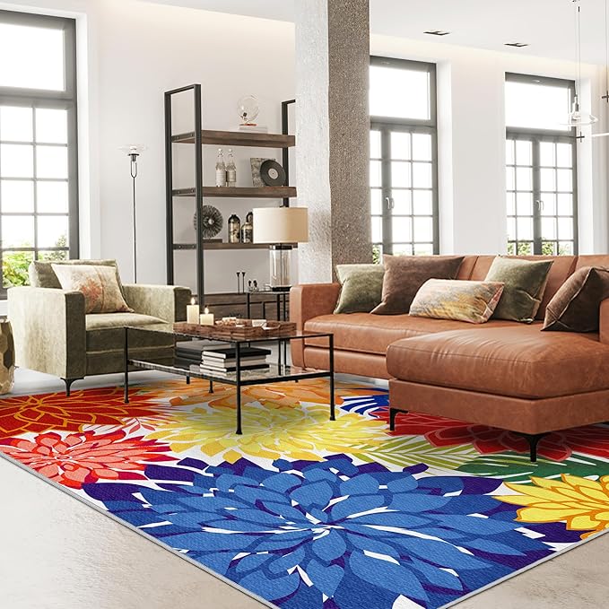 Colorful 5x8 Outdoor Area Rug Washable Multicolored Patio Rug Tropical Botanical Floral Chenille Waterproof Outdoor Carpet for Living Room, Deck, Backyard, Porch, Rainbow