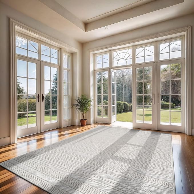 CAMILSON Micro Loop Rug 10x14 Modern Luxury Geometric Pattern Large Area Rugs Soft High and Low Pile Stain Resistant Easy-Cleaning Non-Shedding for Living Room Office Indoor Carpet (10 x 14 / White)