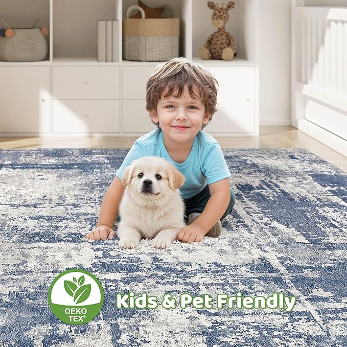 8x10 Area Rugs Living Room: Washable Large Abstract Modern Soft Rug Stain Resistant Indoor Floor Non Slip Accent Carpet for Bedroom Nursery Playroom Dining Room Office Dorm Home House- Navy Grey