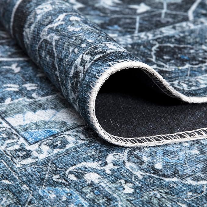 Bloom Rugs Caria Washable Non-Slip 6x9 Rug - Blue/Charcoal Traditional Area Rug for Living Room, Bedroom, Dining Room, and Kitchen - Exact Size: 6' x 9'