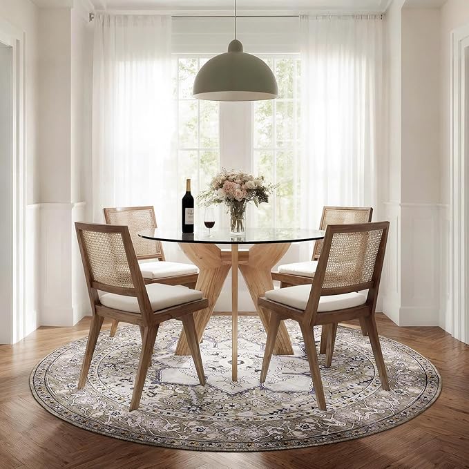 PURRUGS Vintage Farmhouse Boho Area Rug 6x6 ft, Non-Slip Machine Washable Round Rug, Accent Oriental Rug for Dining Room, Living Room, Bedroom, Entryway and Kitchen, Taupe/Vanilla