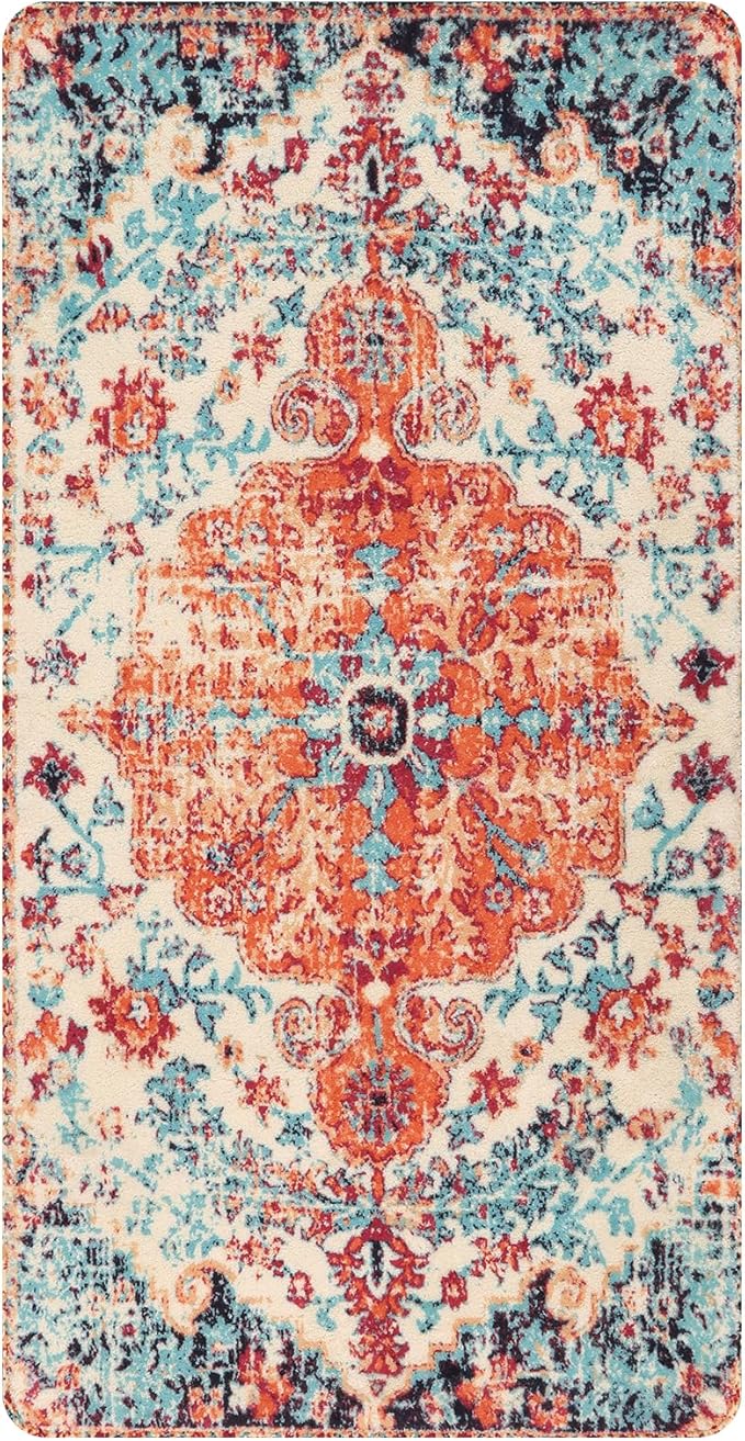 Lahome Bohemian Floral Medallion Area Rug - 3x5 Bedroom Rug Soft Throw Printed Bathroom Kitchen Entry Foyer Mat, Vintage Non-Slip Washable Carpet for Front Door Laundry Room Bath Office, Orange
