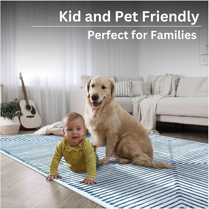Bloom Rugs Washable Non-Slip 9' x 12' Rug - Blue/Ivory Striped Area Rug for Living Room, Bedroom, Dining Room, and Kitchen - Exact Size: 9' x 12'