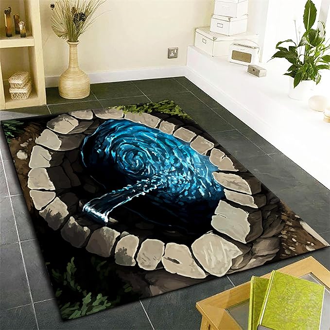 3D Well Waterfall Bedroom Carpet, 5x7ft, Visual Illusion Deep Hole Entrance Rug, Huge Stone Cracks Non-Slip Rugs, Cozy Breathable with Non Slip Backing Mat for Indoor Bedside
