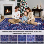 Area Rugs 9x12 Living Room: Floral Washable Rug Vintage Large Soft Boho Non-Slip Carpet Indoor Floor Stain Resistant Low Pile Carpets for Bedroom Dining Room Farmhouse Nursery Home Office Blue