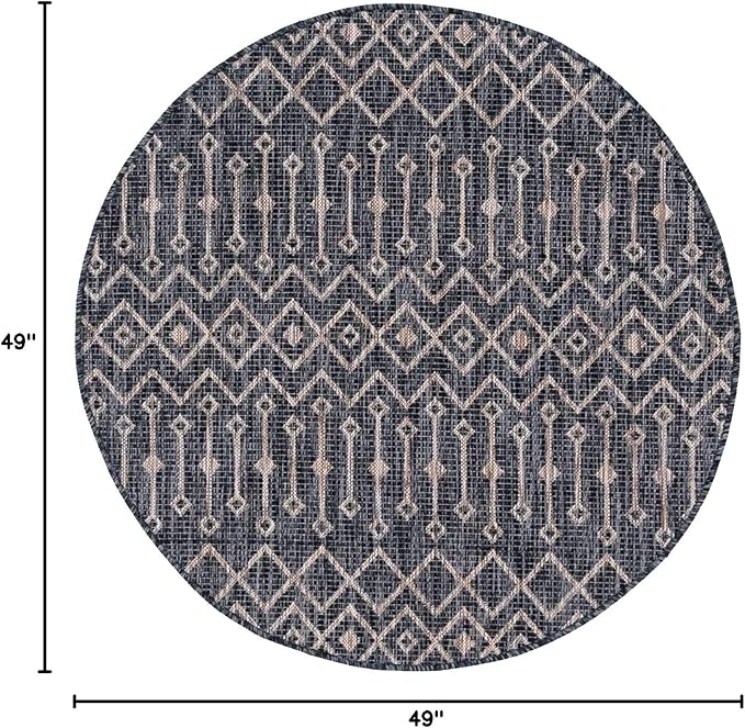 Unique Loom Outdoor Trellis Collection Area Rug - Tribal Trellis (4' 1" Round, Charcoal Gray/ Natural)