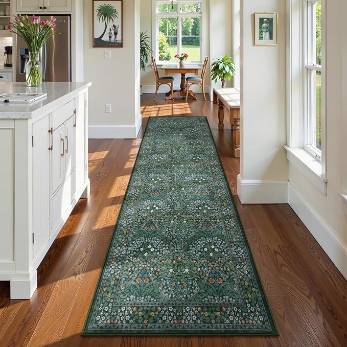 Lahome Floral Hallway Runner Rug Non Slip, 2'6''x10'Soft Washable Runners for Hallways, Ultra-Thin Green Kitchen Runner Distressed Carpet for Entryway Bathroom, Dark Green