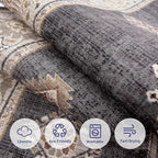 ILANGO Vintage 8'x10' Area Rugs for Living Room Washable Black Area Rugs Non Slip Boho Dining Room Rugs for Under Table Ultra-Thin Low-plie Floor Carpet for Bedroom