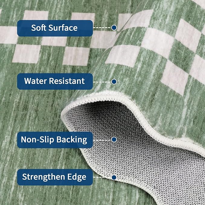 GarveeHome 4x6 Area Rug Small Washable Living Room Rug Scalloped Rug with Rubber Backing Stain Resistant Low Pile Dining Room Throw Carpet Modern Bordered Mat for Bedroom Kitchen, Green