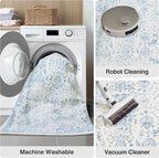FMFUNCTEX 8x10 Washable Area Rug Blue Vintage Neutral Distressed Large Non Slip Carpet for Living Room Bedroom Soft Low Pile Indoor Mat Retro Floral Throw Rug for Dining Room Kitchen Office Nursery