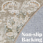 jinchan Fiora Round Rug 4ft Area Rugs Vintage Floral Distressed Design - Machine Washable Non-Slip Low-Pile Ultra-Thin Circle Rug for Entryway Bedside Living Room Dining Room Bedroom (4' Round, Taupe)