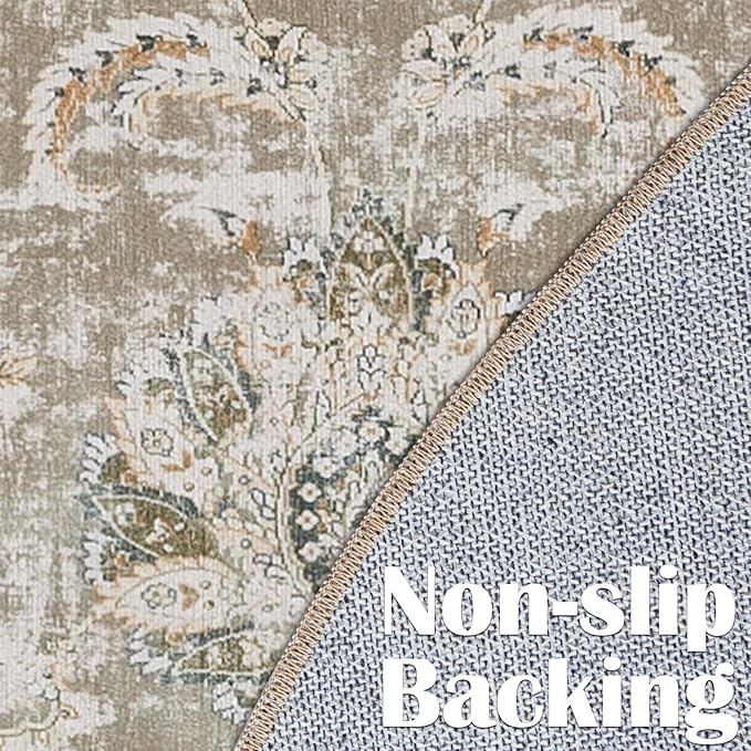 jinchan Fiora Round Rug 8ft Area Rugs - Vintage Floral Distressed Design Machine Washable Non-Slip Low-Pile Ultra-Thin Circle Rug for Living Room Dining Room Bedroom Farmhouse (8' Round, Taupe)
