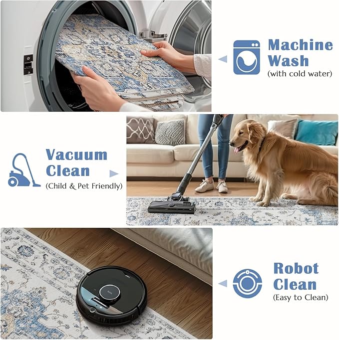 jinchan Runner Rug 3x10 Vintage Hallway Runner Boho Washable Rug Floral Medallion Retro Non Slip Classic Thin Soft Carpet for Kitchen Bedroom Bathroom Laundry Room Doorway Blue