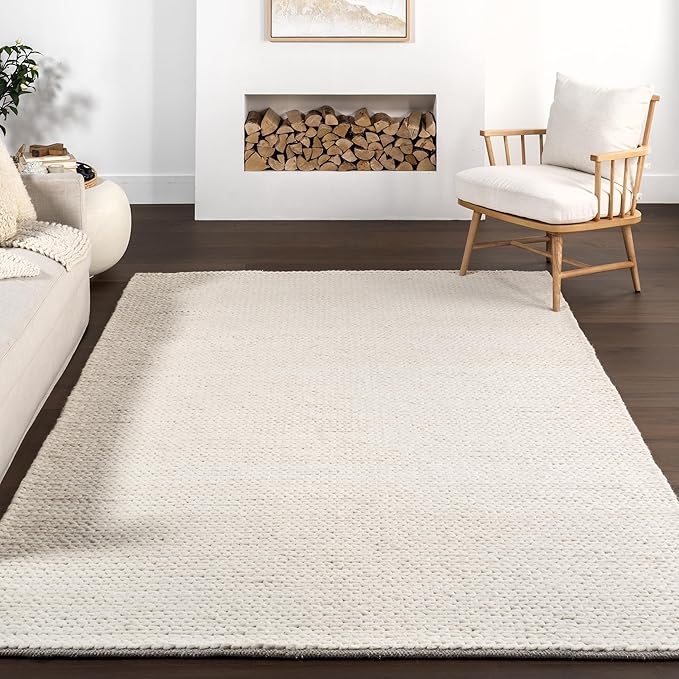 nuLOOM 8 Square Penelope Wool Braided Handmade Area Rug, Off White, Solid Rustic Farmhouse Style, For Bedroom, Living Room, Hallway, Entryway