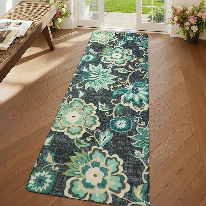 Lahome Floral Runners for Hallways - 2x6 Kitchen Runner Rugs Non Skid Washable Non-Slip Laundry Room Rug Throw Low-Plie Entryway Rug Blue Paisley Print Carpet Runner for Bedroom Bathroom Living Room