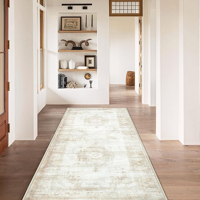 Runner Rug 2x6 Entryway Rug - Machine Washable Vintage Boho Area Rug Non-Slip Kitchen Runner Soft Stain Resistant Runners for Hallways Entryway Laundry Kitchen Bathroom Bedroom (Beige, 2'x6')
