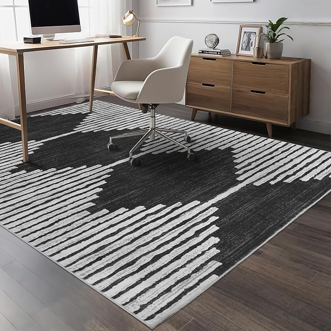 HelloTree Area Rug for Living Room Washable Geometric Moroccan Rug Stripe Farmhouse Bohemian Minimalistic Non Slip Non Shedding Ultra Thin Soft Rug for Bedroom Office DiningRoom Nursery-Black 5'x7'